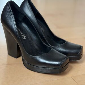 Vtg 90s Boutique 58 Black Leather Platform pumps Square Toe Fit 6,5-7 Italy New